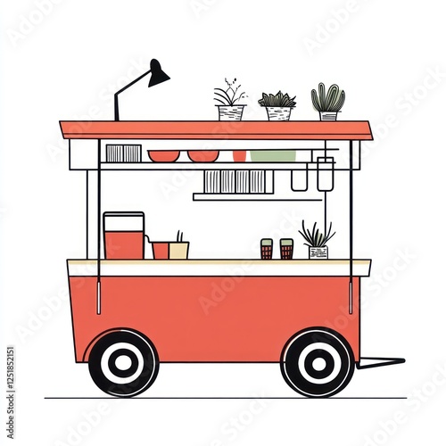 Red food cart with plants and equipment, street food vendor, outdoor service photo