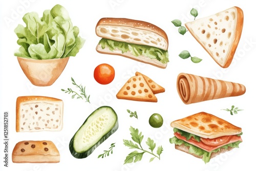 Fresh vegetables and various bread types illustrated in watercolor style. Perfect for food related designs. photo