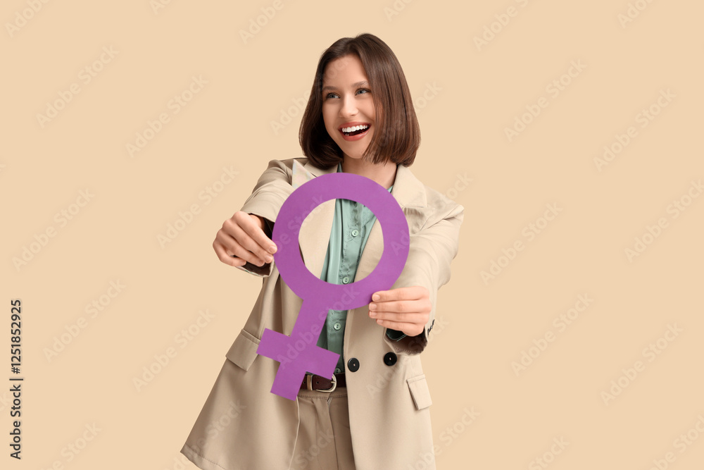Beautiful young woman holding female symbol and showing muscles on beige background. Women's history month Beautiful young woman holding female symbol and showing muscles on beige background. Women's history month