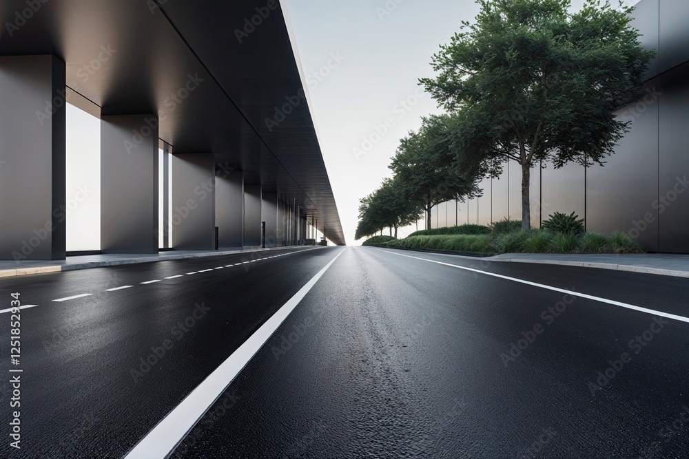 Sleek Black Bitumen Road in Modern Urban Setting with Minimalist Design for Improved Visibility Sleek Black Bitumen Road in Modern Urban Setting with Minimalist Design for Improved Visibility
