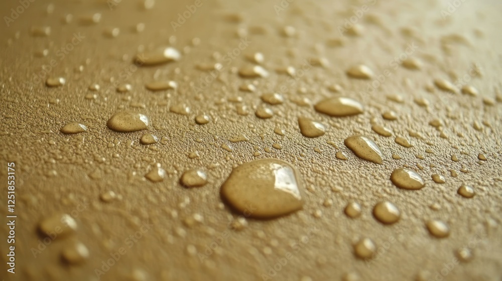 Water droplets on beige surface, close-up, textured background, advertising