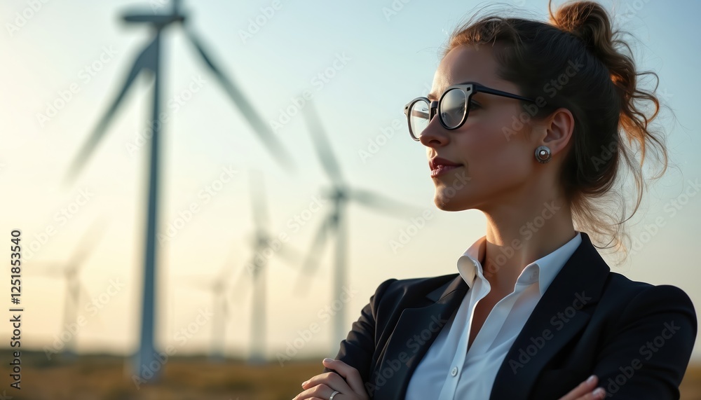 Portrait shows woman in front of windmills. She wears suit and glasses. Scientist looks at horizon confidently. Image shows power generation and eco sources future vision tech. Portrait shows woman in front of windmills. She wears suit and glasses. Scientist looks at horizon confidently. Image shows power generation and eco sources future vision tech.
