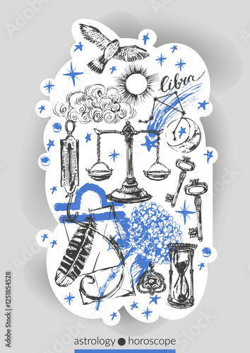 Hand drawn libra zodiac sign illustration, horoscope background with astrology symbols and talismans. Zodiac wheel, planets, sun, moon, star constellations.