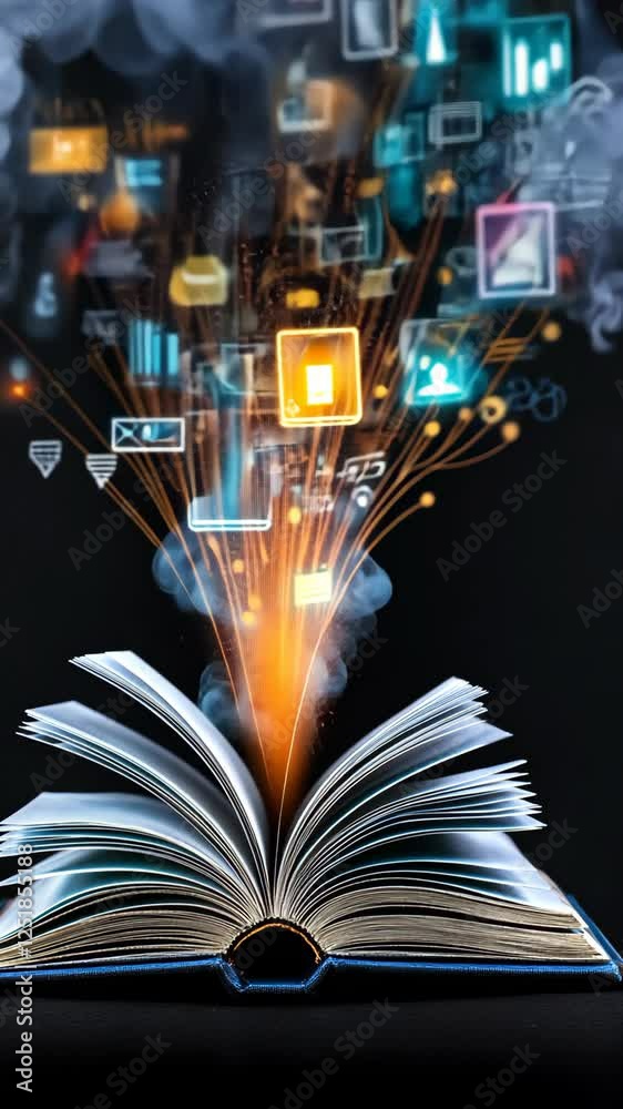 Open book emitting colorful digital icons representing knowledge and technology in a creative composition