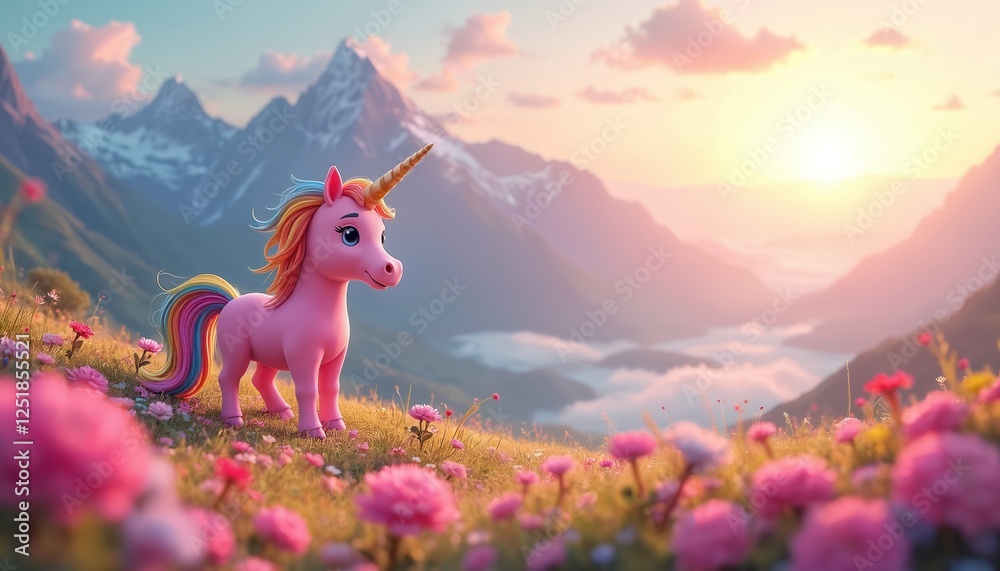 Pink unicorn stands at flower meadow with mountains landscape view. Magical cartoon character with rainbow tail looks. Artwork for kids birthday party or fairy tale illustration.