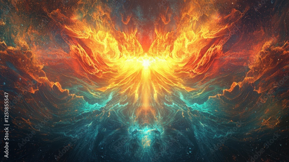 Vibrant hues of orange, yellow, and blue swirl together, forming an abstract depiction of a phoenix ascendant in a vibrant cosmic landscape. The celestial energy radiates life Vibrant hues of orange, yellow, and blue swirl together, forming an abstract depiction of a phoenix ascendant in a vibrant cosmic landscape. The celestial energy radiates life