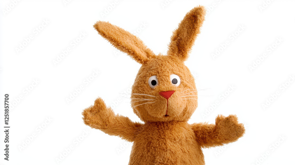 Obraz premium easter gift ideas kid. Fluffy brown bunny puppet with movable ears, fun toy for kids