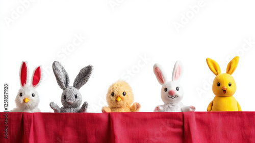 easter gift ideas kid. Colorful Easter puppets on stage, featuring bunnies and chick