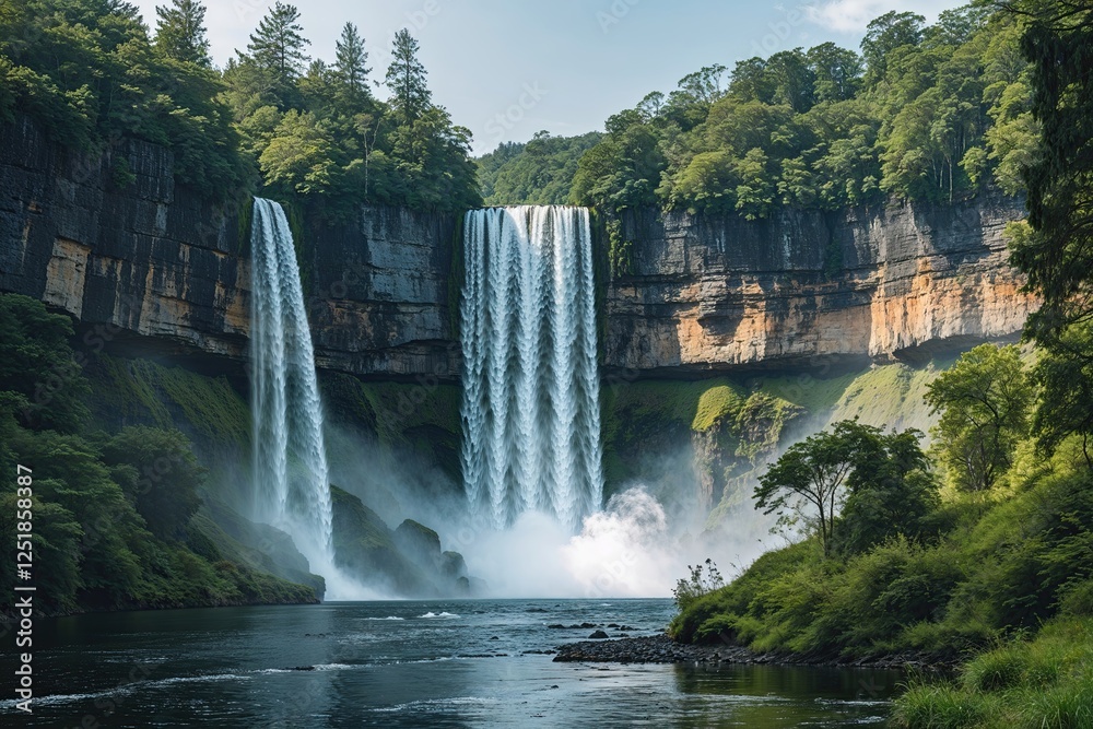 Stunning Waterfall Flowing Over Cliffs Amidst Vibrant Forest - Tranquil Nature Scene