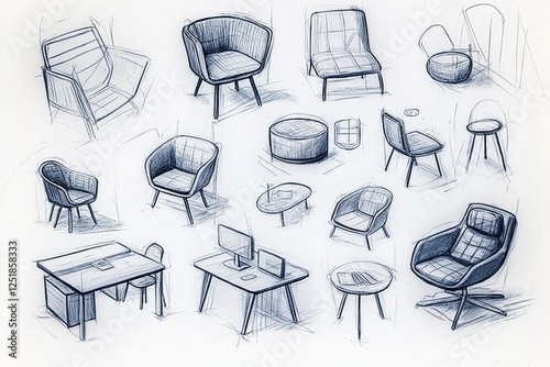 Hand-drawn furniture design sketches featuring various modern chair and table concepts, emphasizing creativity, architecture, and interior decoration, Generative AI