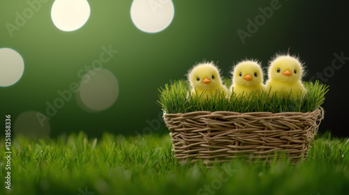 easter gift ideas kid. Miniature Easter basket with tiny stuffed chicks on green grass photo