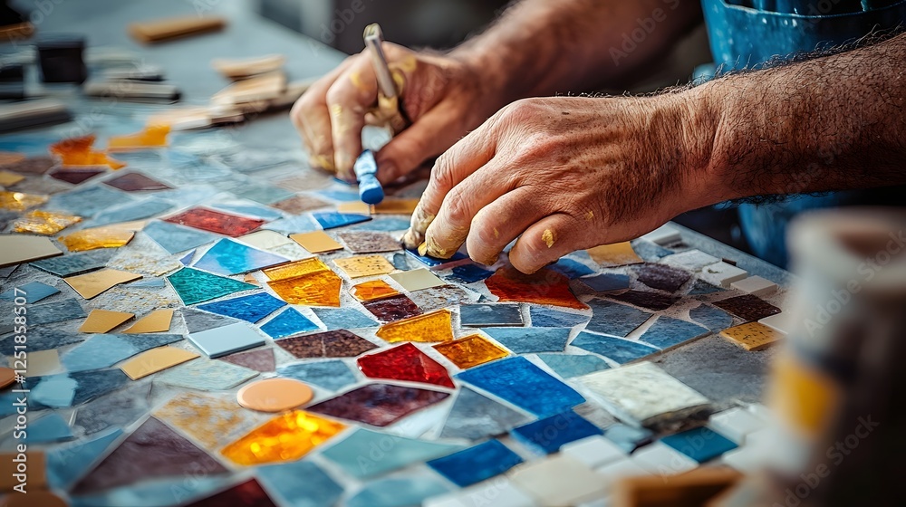 Obraz premium Hands Crafting Colorful Mosaic Tiles for Home Decor