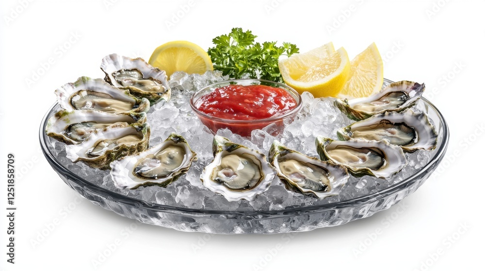 A plate of oysters with a red condiment and garnish A plate of oysters with a red condiment and garnish