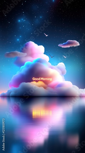 Good morning message on a glowing cloud island at sunset reflected in calm water under a starry sky with birds.