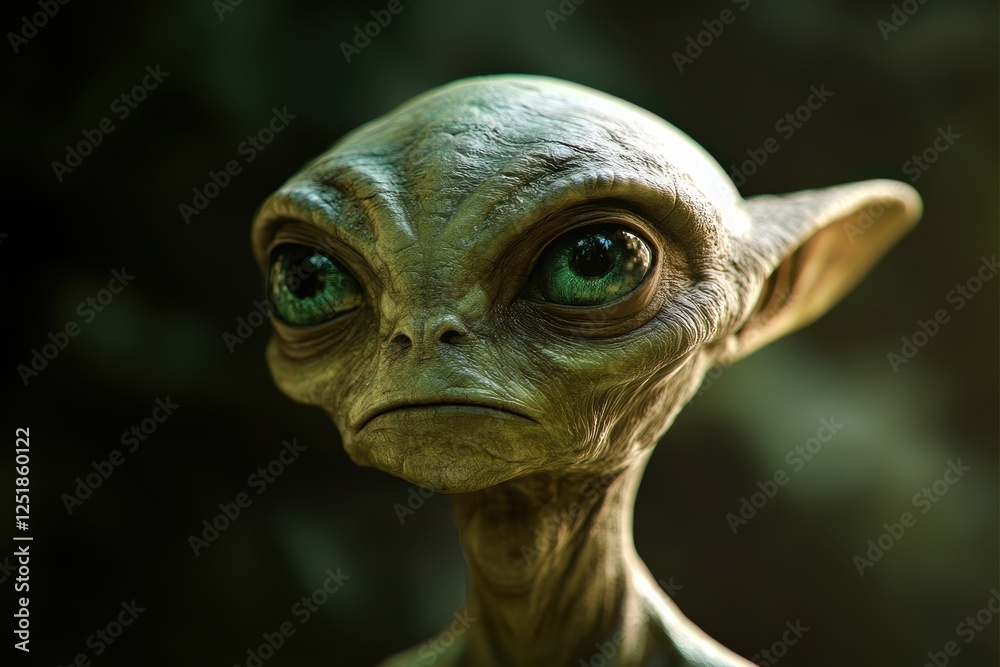 Fototapeta premium Close-up Portrait of a Grey Alien with Large Green Eyes