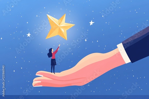  a large hand holding a small  woman, reaching for a shining star on the palm against a blue background