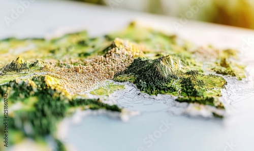 Detailed terrain model, coastal region, sunlight, geographical study, education