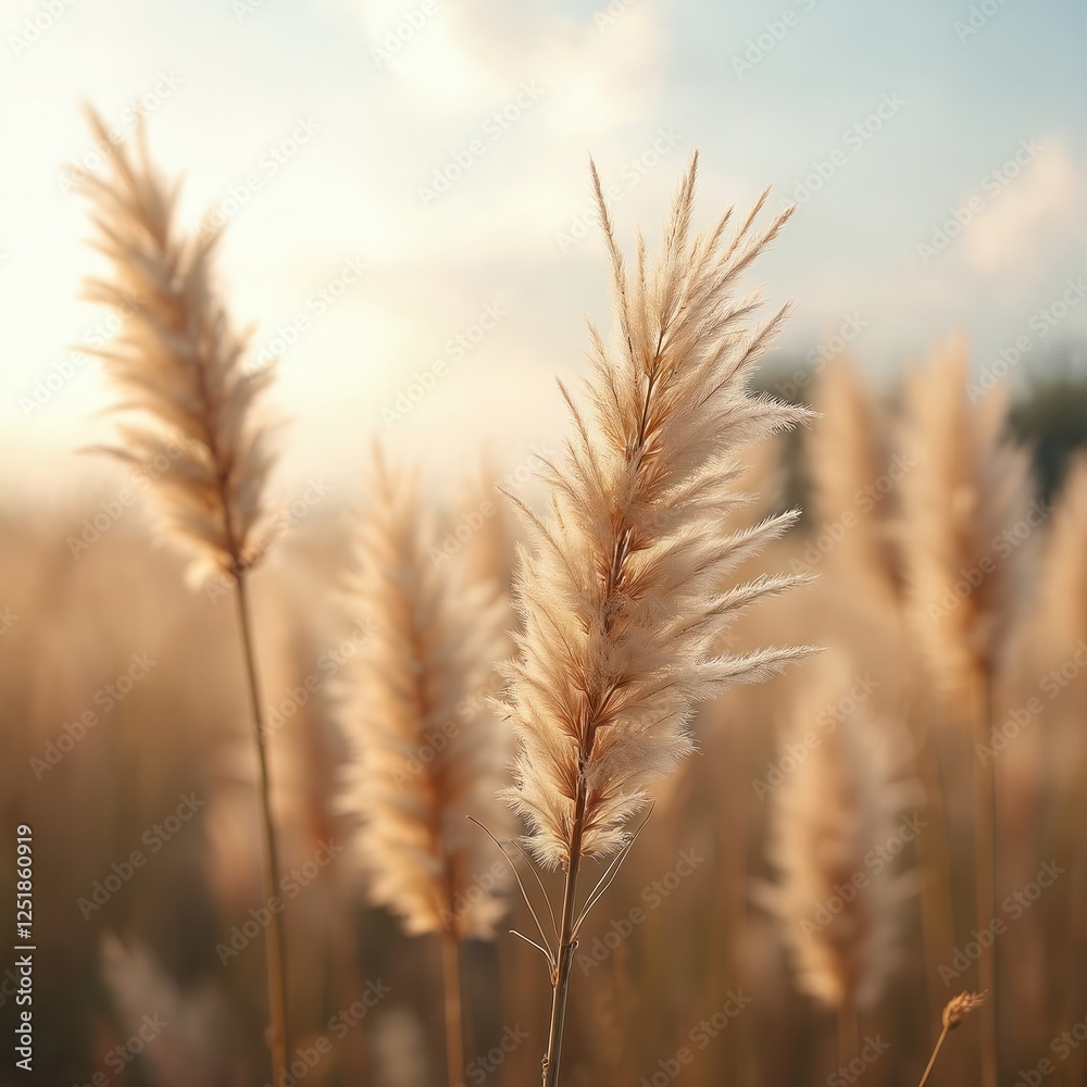 Pampas grass blooms in field during sunset. These ornamental plants showcase natural beauty with their soft beige plumage in garden. Landscape highlights calm gold tone and summer vibes. Pampas grass blooms in field during sunset. These ornamental plants showcase natural beauty with their soft beige plumage in garden. Landscape highlights calm gold tone and summer vibes.