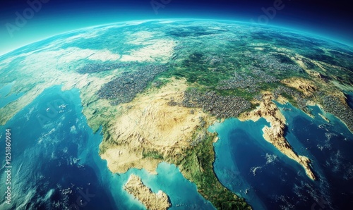 Earth's Eastern Hemisphere, landmasses, oceans, clouds, aerial view, geography