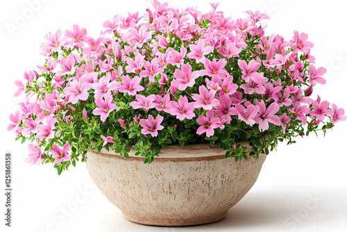 Wallpaper Mural Pink flowers abundantly fill an off-white, textured, round pot, displayed against a clean white background. Torontodigital.ca