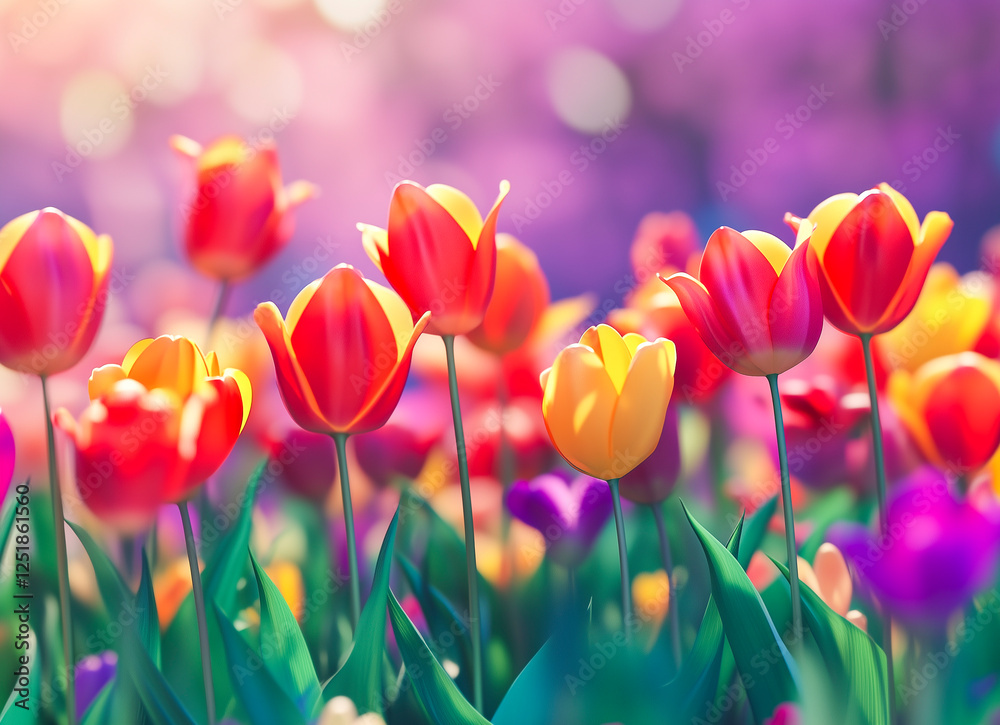 Field of red and yellow tulips glowing under soft sunlight. Field of red and yellow tulips glowing under soft sunlight.