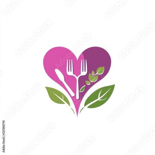 Healthy eating logo, heart shape, fork, spoon, leaves