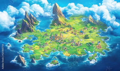 Fototapeta Naklejka Na Ścianę i Meble -  Fantasy island map villages, mountains, ocean; game background