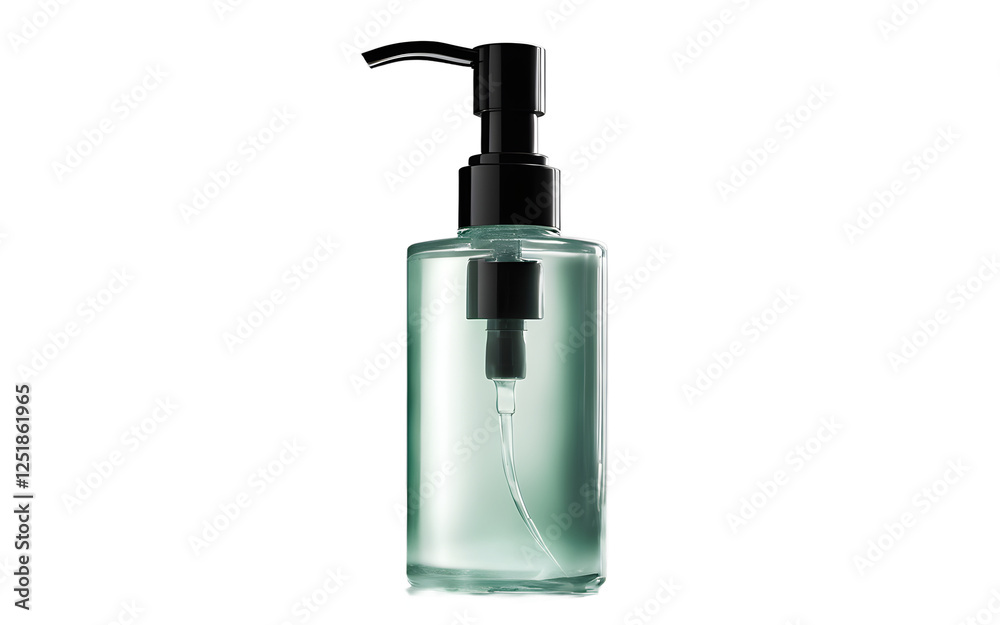 Obraz premium A transparent glass soap dispenser with a metal pump on a empty plain background