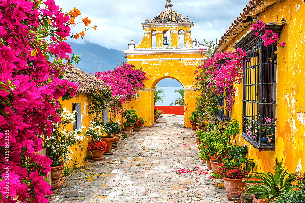 Fototapeta premium Floral lane of yellow buildings, cascading bougainvillea, and a distant view through an arched gateway.