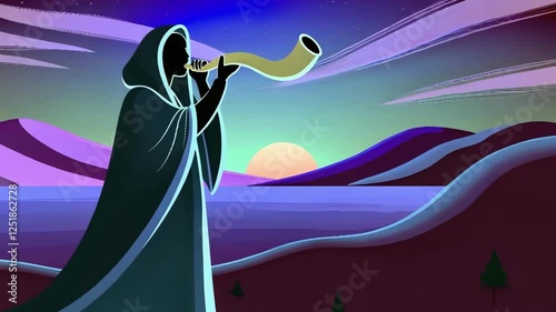 A robed figure blows a shofar at sunrise in a tranquil mountain setting with birds flying overhead, symbolizing spirituality and tradition. Yom Kippur