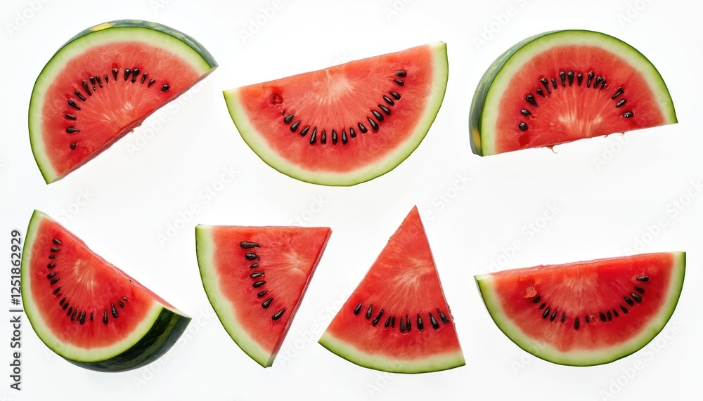 Several watermelon slices isolated on white background. Red juicy flesh with black seeds. Fresh ripe melon pieces for healthy eating, summer refreshment. Sweet natural vegan dessert. Water rich fruit Several watermelon slices isolated on white background. Red juicy flesh with black seeds. Fresh ripe melon pieces for healthy eating, summer refreshment. Sweet natural vegan dessert. Water rich fruit