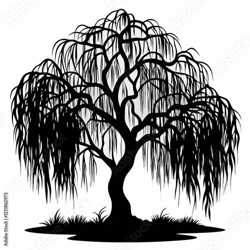A lone willow tree with long, drooping branches in black silhouette style., Adobe Illustrator Artwork