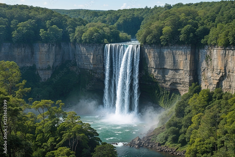 Stunning Waterfall Flowing Down Cliffs Amidst Lush Forest for a Tranquil Nature Scene Stunning Waterfall Flowing Down Cliffs Amidst Lush Forest for a Tranquil Nature Scene