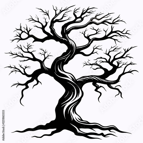 A dead tree silhouette with no leaves, only jagged branches., Adobe Illustrator Artwork