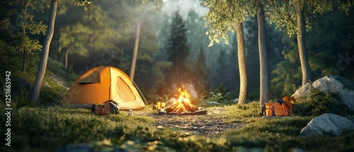 vibrant camping scene featuring orange tent, glowing campfire, and backpacks in lush forest.