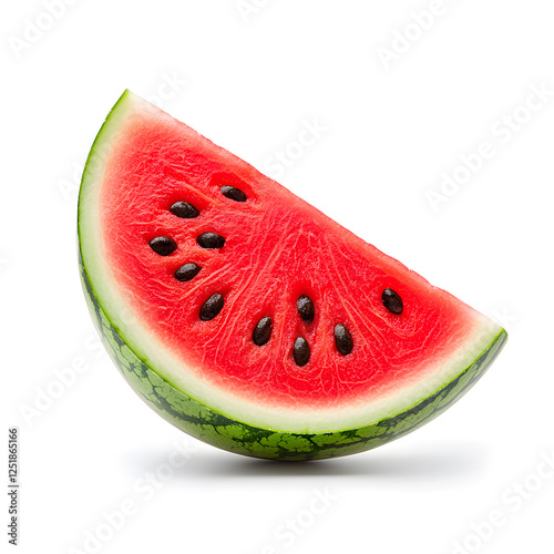 Fresh ripe slice of watermelon with visible black seeds, juicy watermelon wedge isolated on a white surface