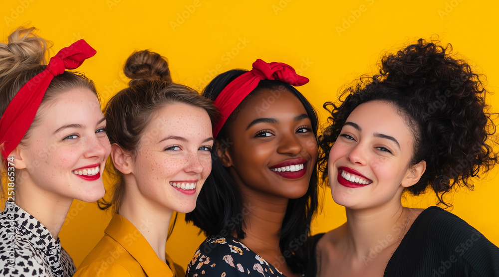 Fototapeta premium smile, portrait photo of several women, different races, with a red headband on their heads, international women's day. March 8, yellow background. feminine power. positive energy