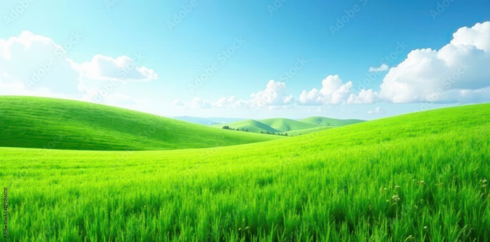 Green lush grassy field stretching endlessly in all directions, field, nature, foliage Green lush grassy field stretching endlessly in all directions, field, nature, foliage
