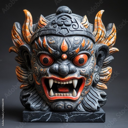 Intricate Stone Carving of a Fierce Mythical Guardian Face