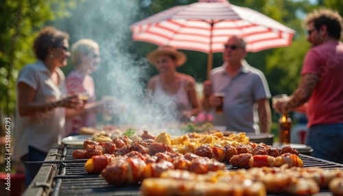 Barbecue party on 4th of July. Group of friends, family celebrating US Independence Day. Grilled meat, sausages on grill. People enjoy holiday eating, drinking at backyard picnic. American flag