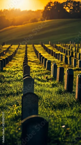 golden hour over rows of headstones in a green field, detailed and natural composition, sharp textures, tranquil and serene atmosphere, peaceful and reflective mood