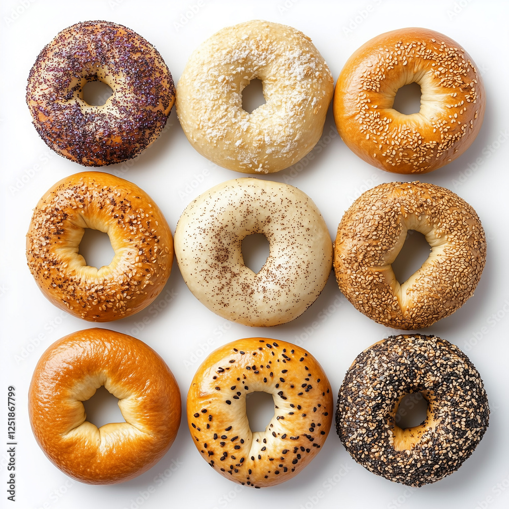 Overhead view of Bagels, isolated on white, food photo Overhead view of Bagels, isolated on white, food photo