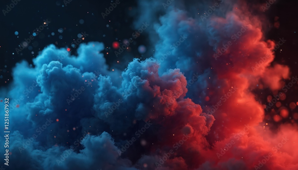 Abstract smoky clouds show dynamic energy. Blue, red colours create contrast against dark background. Scattered particles add depth. This visual design is ideal for backgrounds, creative projects. Abstract smoky clouds show dynamic energy. Blue, red colours create contrast against dark background. Scattered particles add depth. This visual design is ideal for backgrounds, creative projects.
