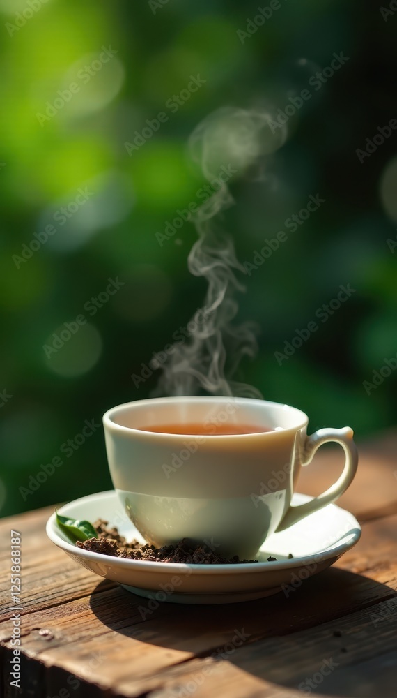 Fototapeta premium Steaming teacup, loose leaf, wooden table, tea plantation backdrop, vibrant, organic, tea plantation view