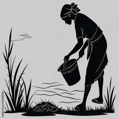 a woman cleaning pot at pond silhouette vector design art and illustration
