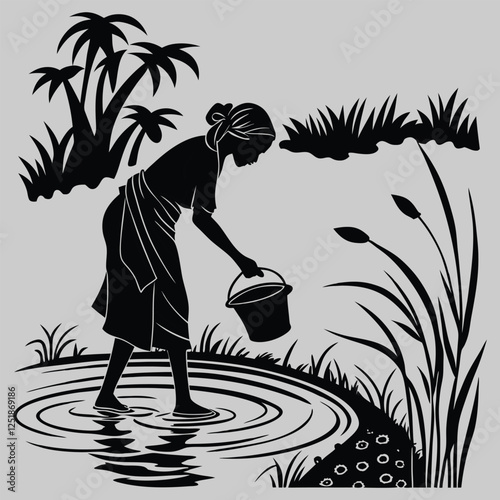 a woman cleaning pot at pond silhouette vector design art and illustration