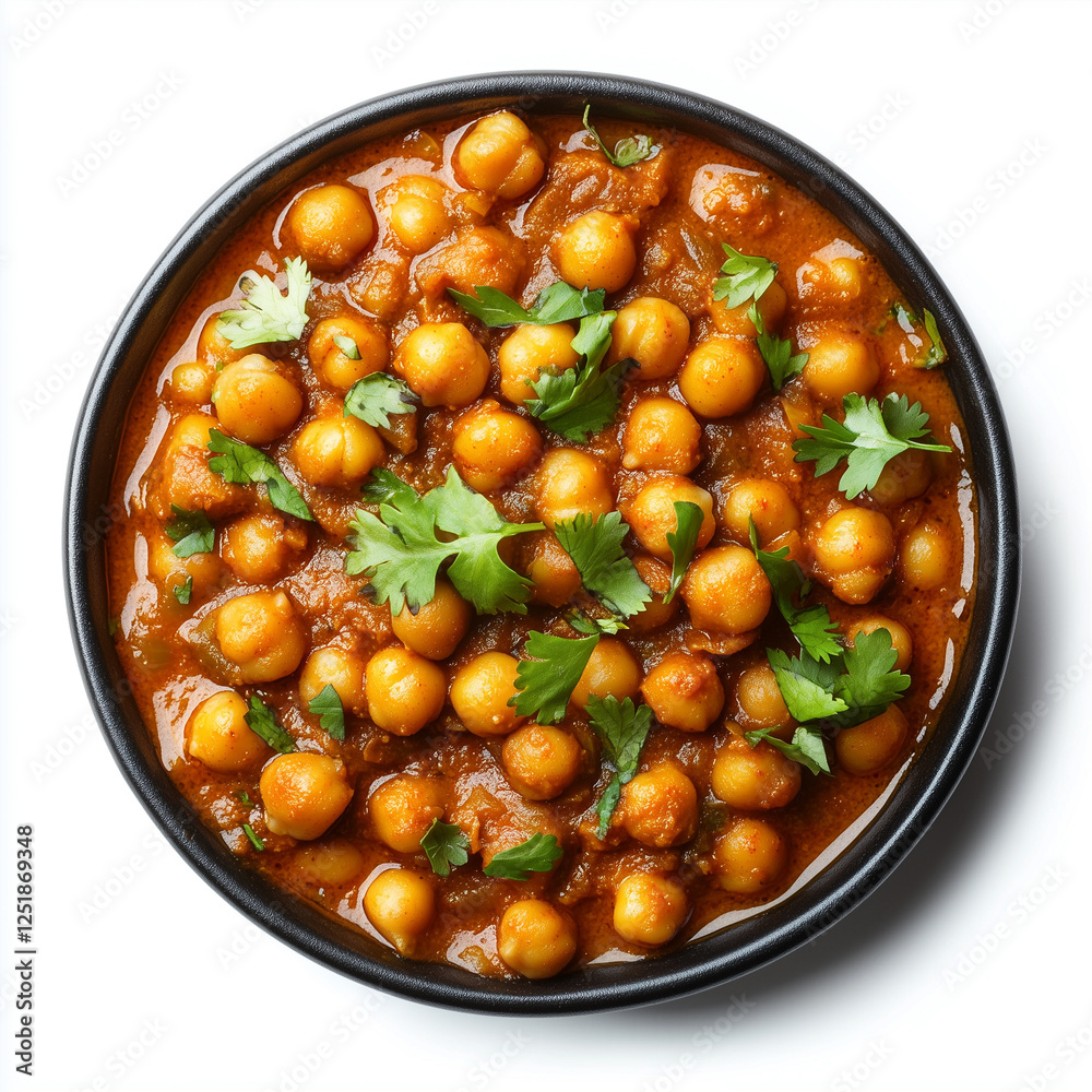 Top down view of Chickpea Curry, isolated on white, food setting Top down view of Chickpea Curry, isolated on white, food setting