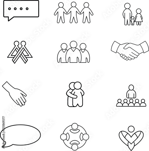 Community icon set. Containing people, friendship, social, diversity, village, relationships, support and community development icons. Solid icon collection on white.