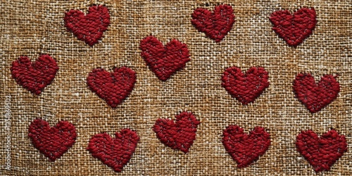 A rustic doormat featuring a repeating pattern of vibrant red yarn hearts, stitched against a textured burlap fabric photo