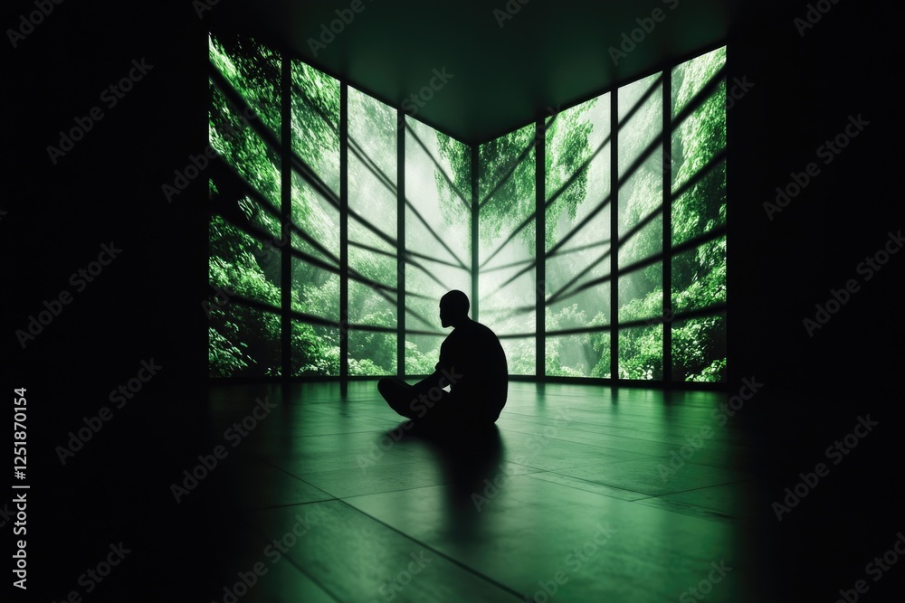 Fototapeta premium Silhouette of person meditating in tranquil forest room with green foliage